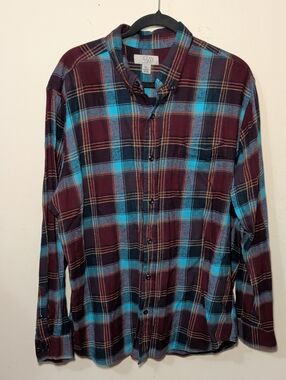 Ocean + Coast Plaid Flannel Button Down Maroon Blue Orange Cotton Men's Size XL